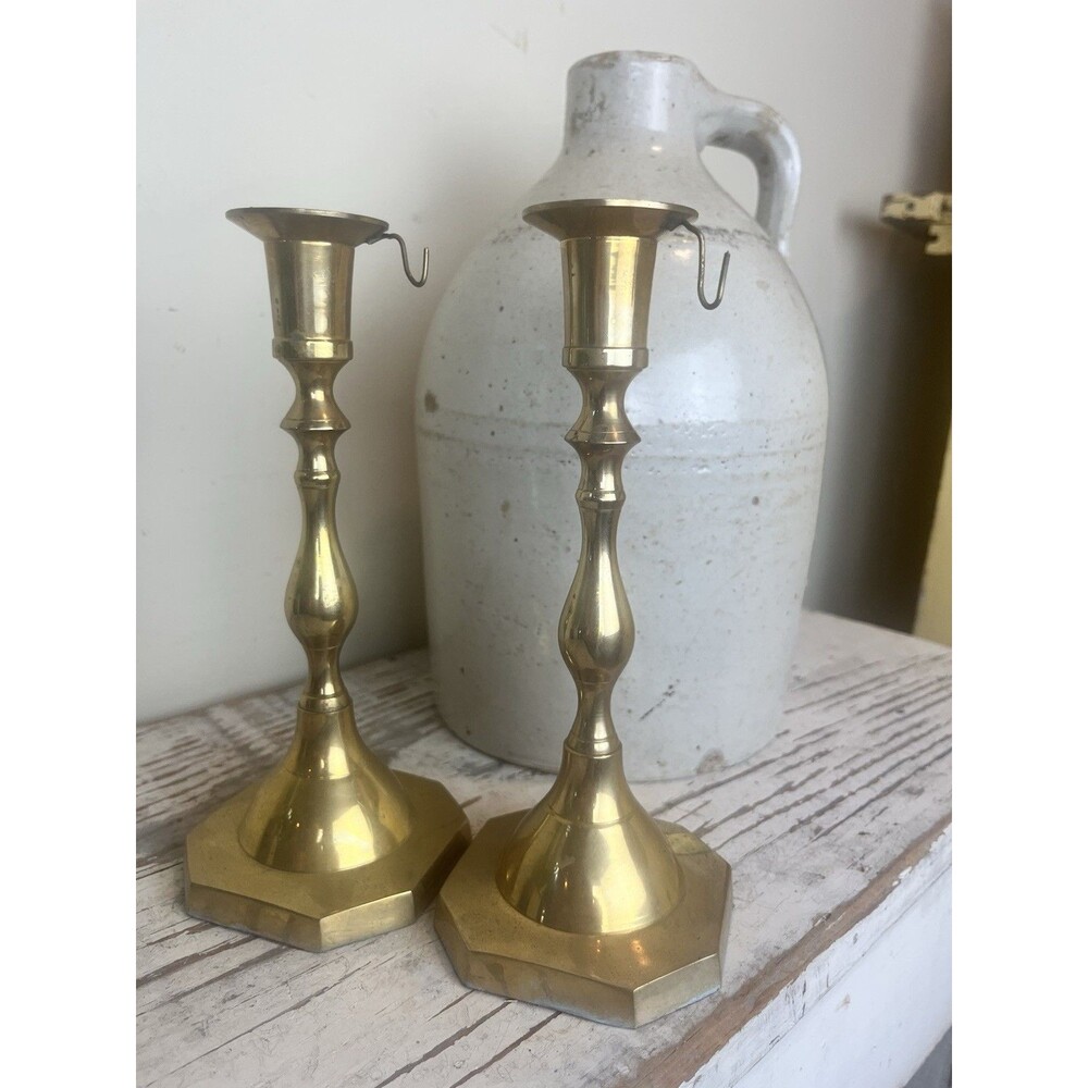 Vintage Pair Brass Candle Sticks Square Base With Snuffer Hooks 8.5” Ornate